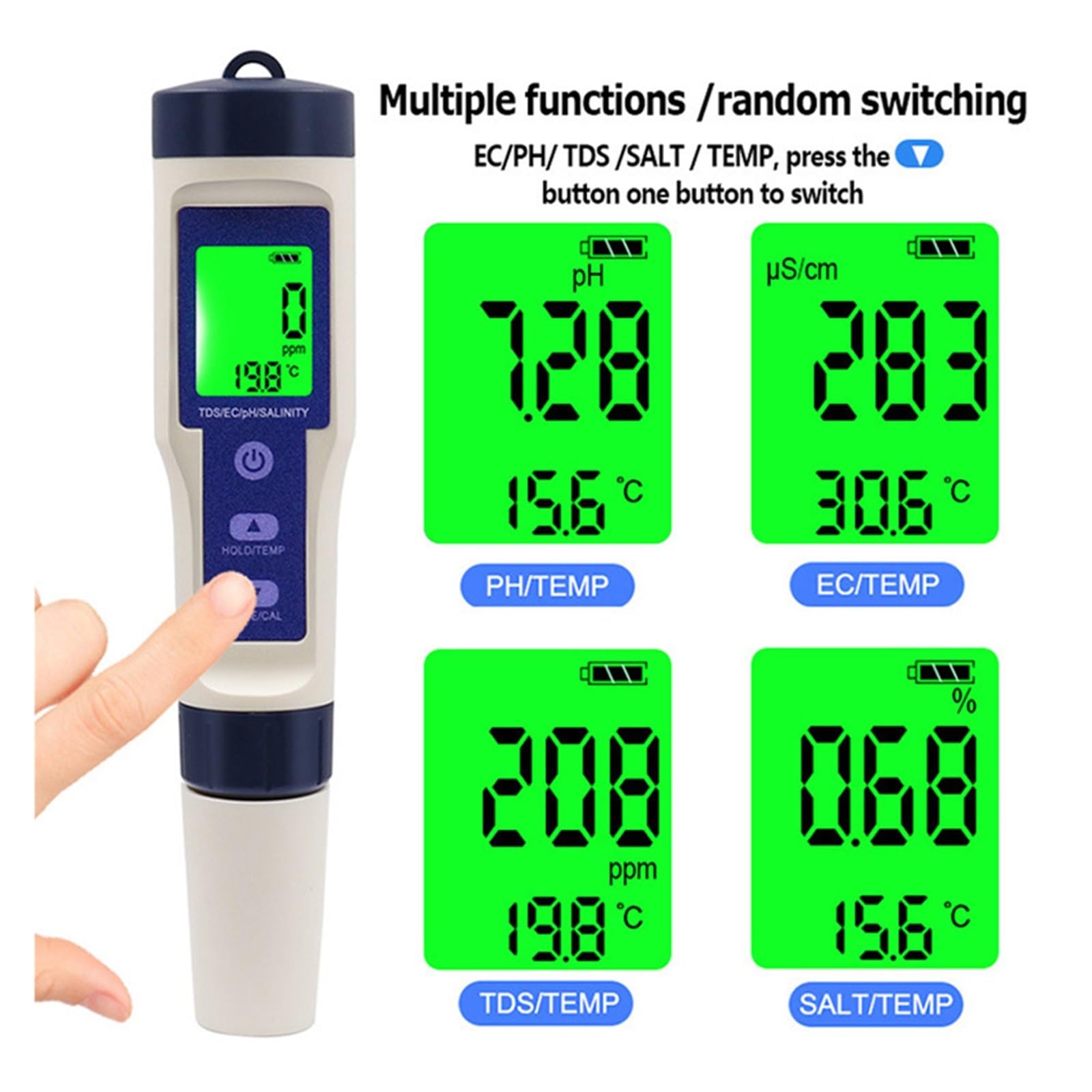 Probador De Calidad Del Agua 5 En 1, Medidor Salinidad TDS Temp EC PH, Pantalla LCD, Monitor Potable For Acuario, Hidropónico DeteccióN RáPida Y Precisa
