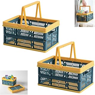 Ruucy 2 Pcs Collapsible Shopping Baskets with Handles, Stackable Plastic Storage Crates, Multifunction Folding Storage Basket for Picnic, Shopping, Camping, Kitchen(30 * 20 * 16cm, Yellow + Green)