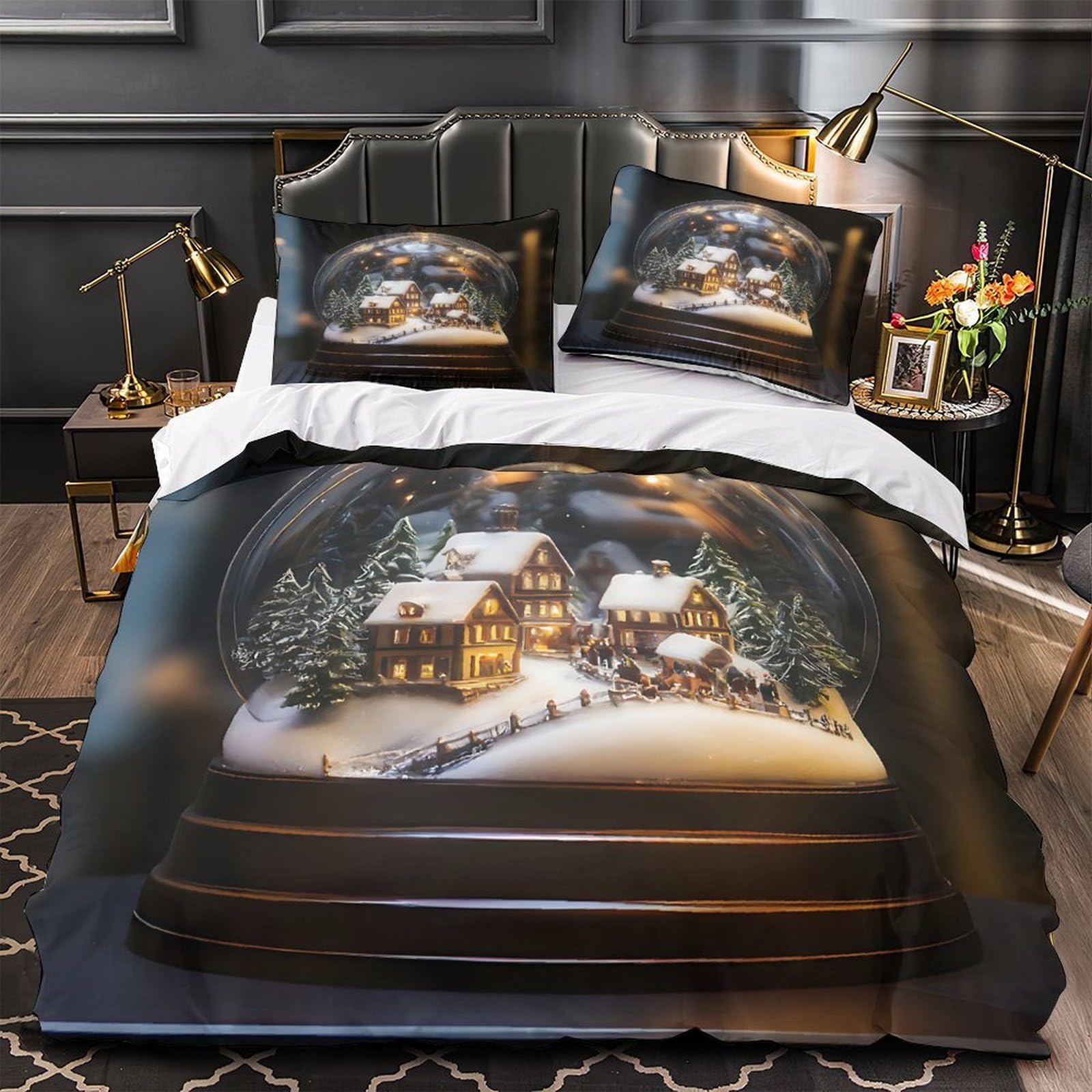 Parure de lit microfibre premium imprimée 3D Village de Noël haute résistance 135x200