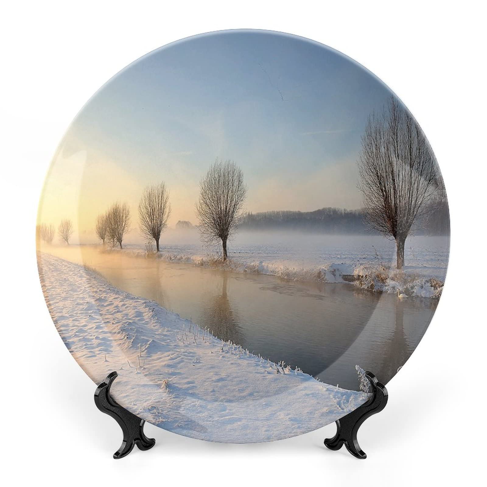 8 Inch Decorative Plate,Winter Ceramic Stoneware, Snowy River Landscape Barren Frosted Trees Netherlands Europe Print Ornament Display Plate for