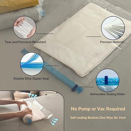 Miniatura 8 de Paquete de 25 bolsas de almacenamiento al vacío con bomba, ahorro de espacio de compresión para edredón, ropa de cama, almacenamiento de mantas,