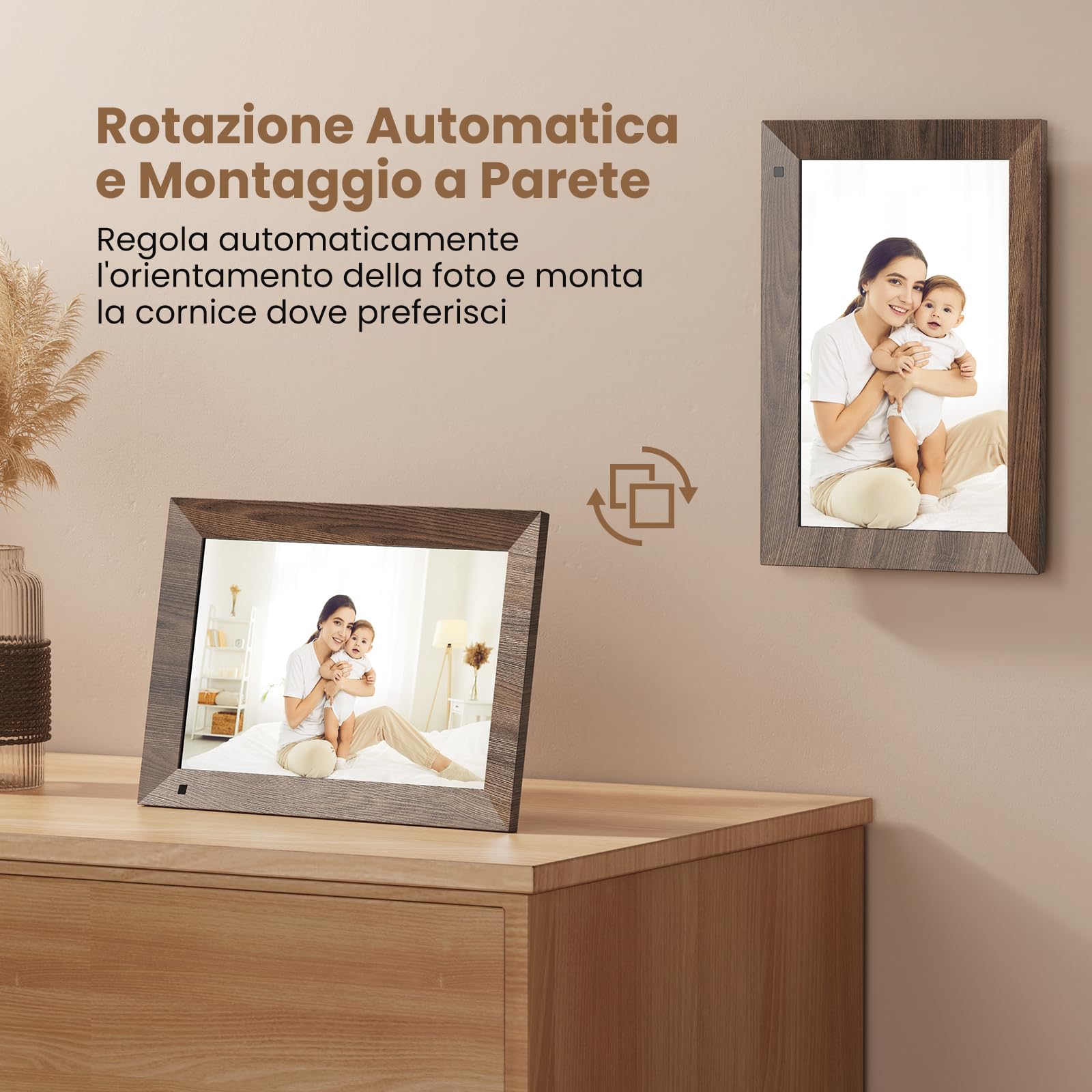 Marco de Fotos Digital WiFi 10.1 Pulgadas SONVGOO, Pantalla táctil IPS HD de 1280×800 con 32 GB, Sensor de Movimiento, Montaje en Pared, Comparte Videos y Fotos con La Aplicación FRAMEO, Marrón Madera