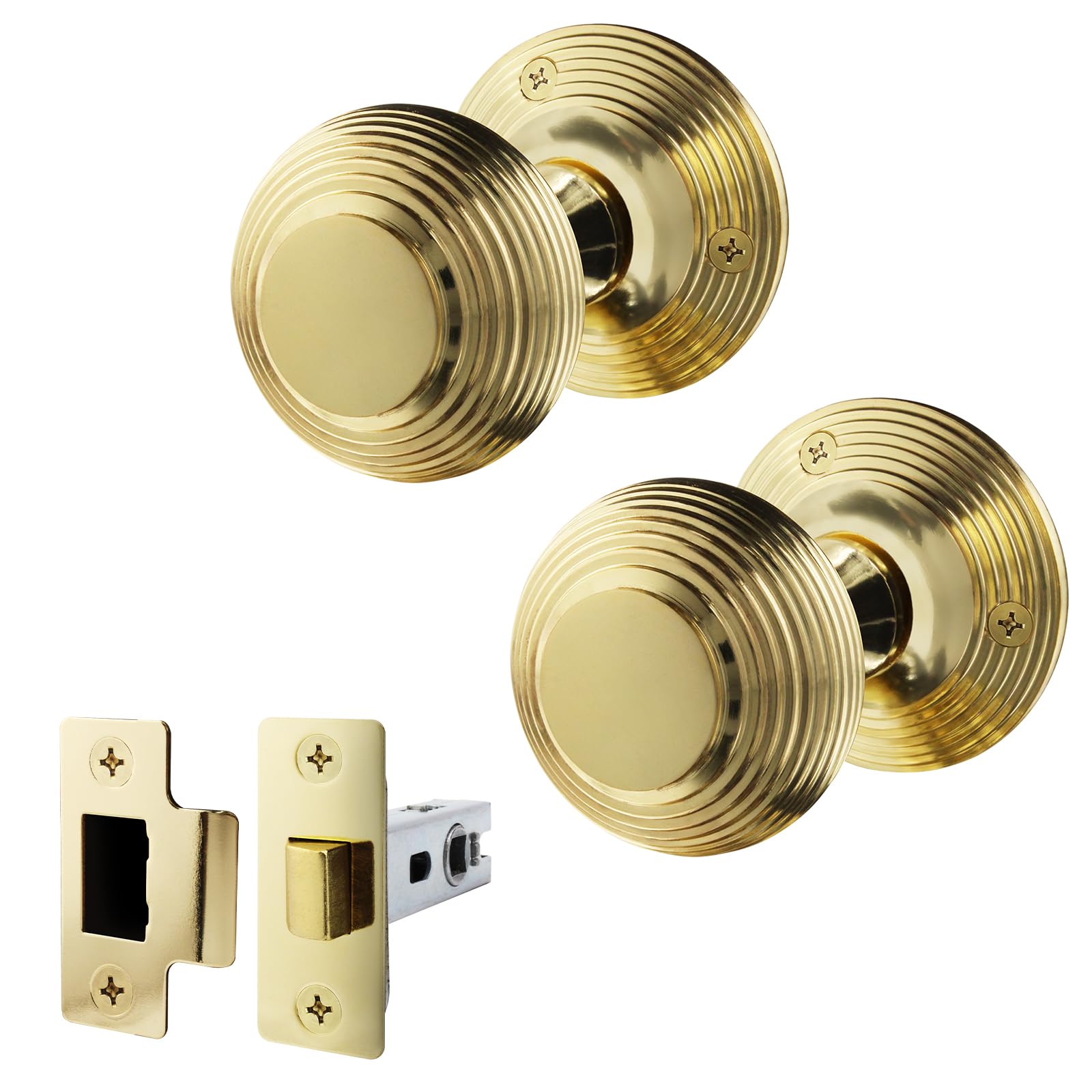 EAI Beehive Door Knob Set Polished Brass | 1 Pair of Reeded Mortice Knobs (55mm) & Latch (76mm) for Internal Doors