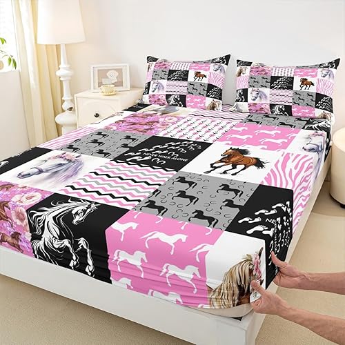Miniatura 4 de Juego de ropa de cama con diseño de caballo rosa para niñas, tamaño Queen, vaquera occidental, diseño de animales de granja para niños y mujeres,
