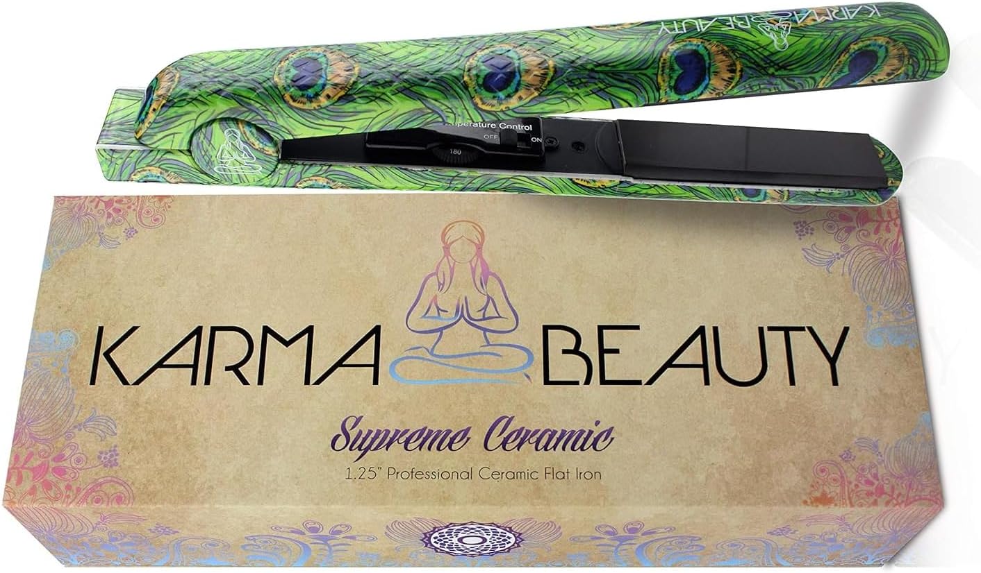 Ceramic Hair Straightener | 1.25’’ Flat Iron | 450° F High Heat | Create Straight & Curly | Dual Voltage | Adjustable Temperature | For All Hair Types | Karma Beauty |(Peacock)
