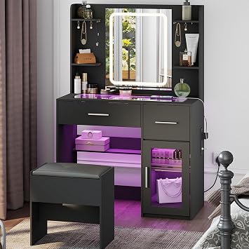 YOSHOOT Dressing Table with LED Lighting Mirror, Glass Top Charging Station, Vanity Table with 2 Drawers, Side Cabinet, Makeup Desk with Upholstered Stool for Cloakroom and Bedroom,90*40*140cm Black