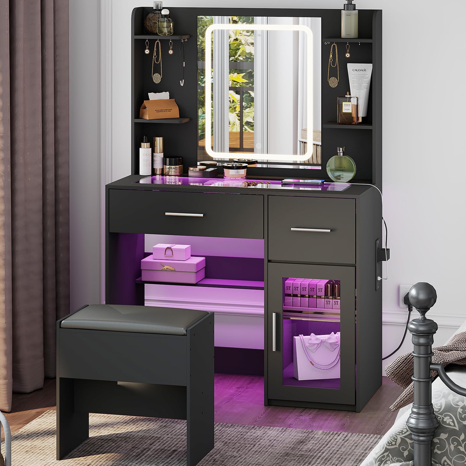 YOSHOOT Dressing Table with LED Lighting Mirror, Glass Top Charging Station, Vanity Table with 2 Drawers, Side Cabinet, Makeup Desk with Upholstered Stool for Cloakroom and Bedroom,90*40*140cm（Black）