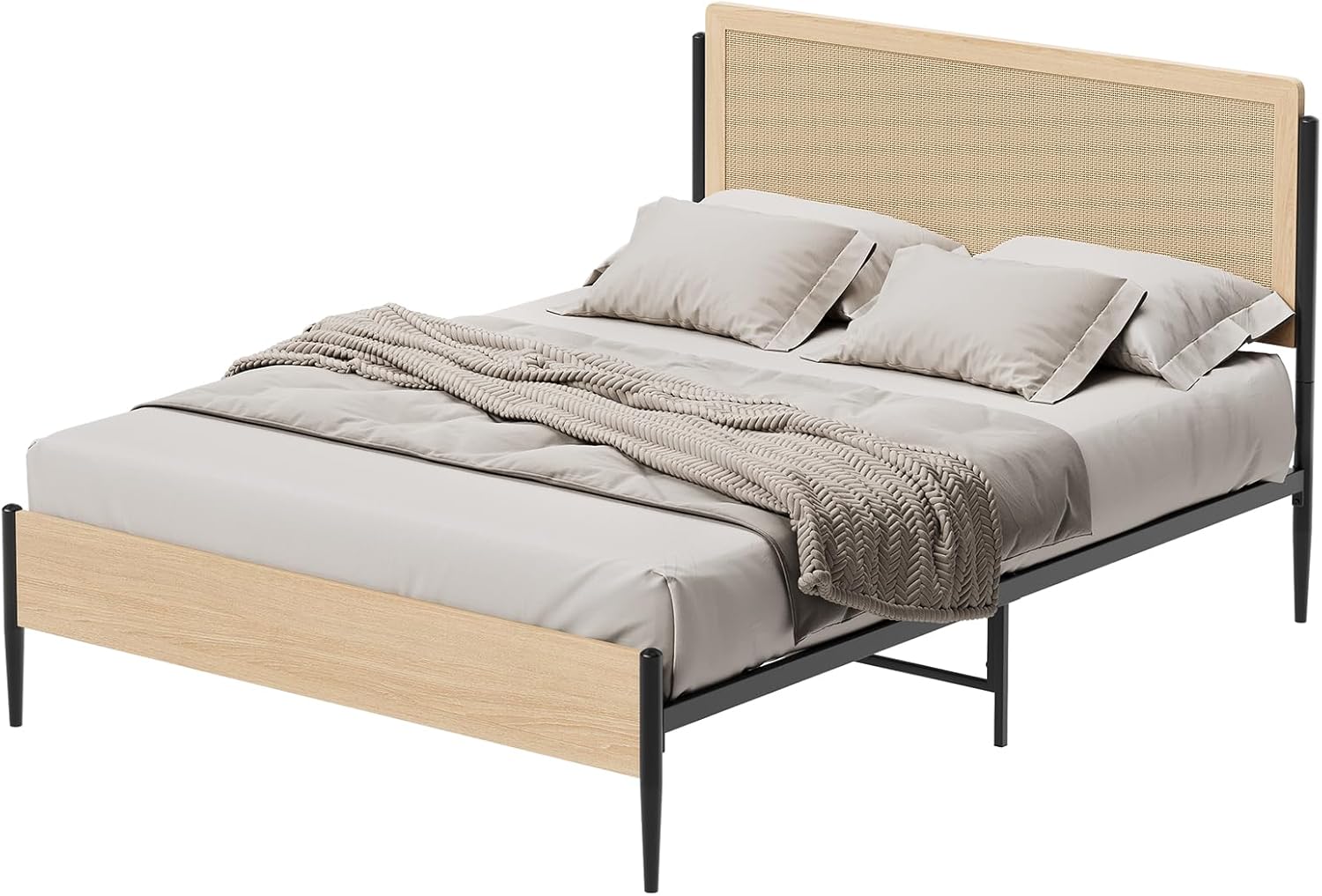 GAOMON Queen Size Bed Frame with Natural Rattan Headboard & Solid Wood Footboard - Under Bed Storage Space, Quiet Noise-Free Design, No Box Spring Needed,Oak