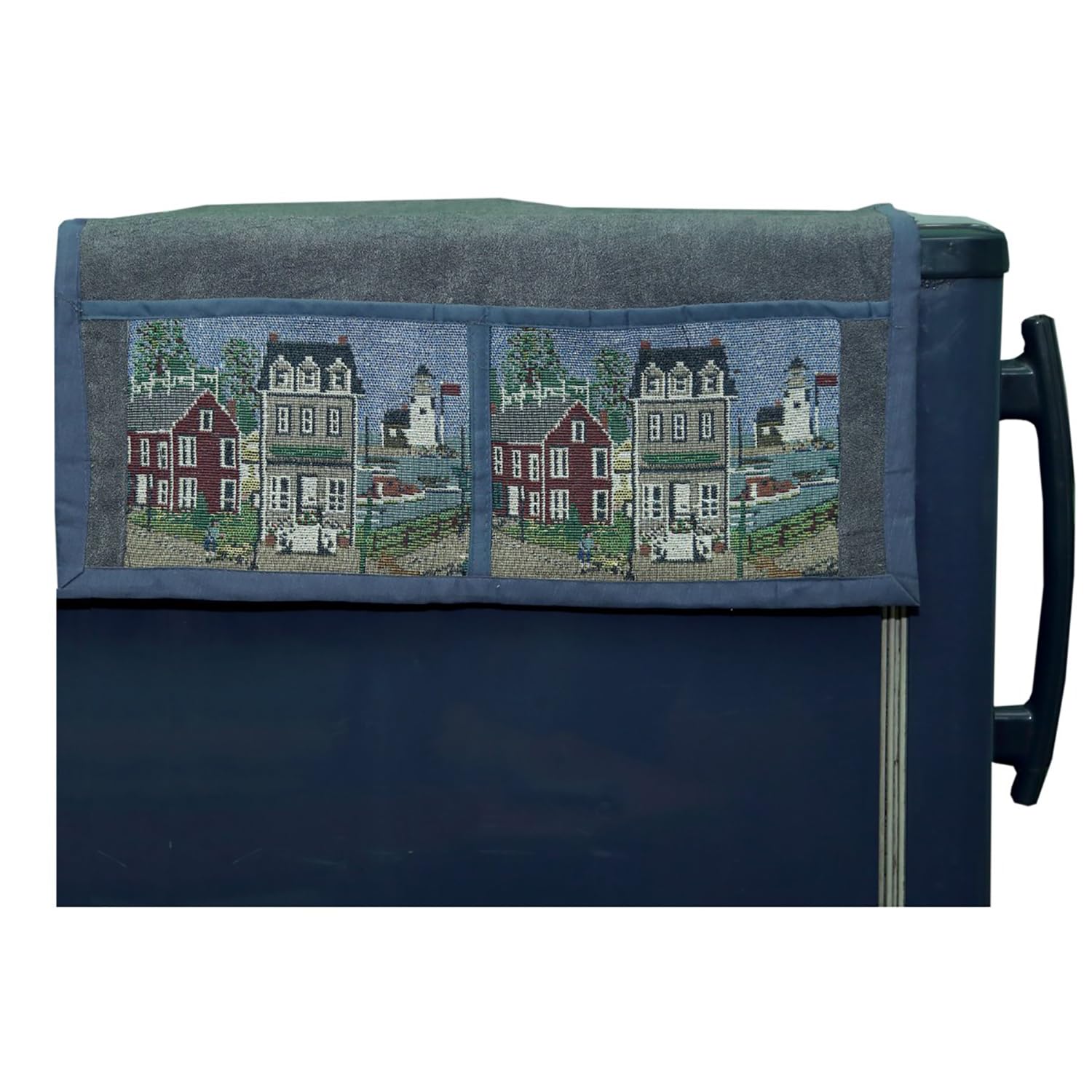 Kuber Industries solid Print Fridge Cover With Side Pockets|Fridge Top Cover|Refrigerator Cover|Washable Cotton Material|6 Utility Pockets (Blue) 1