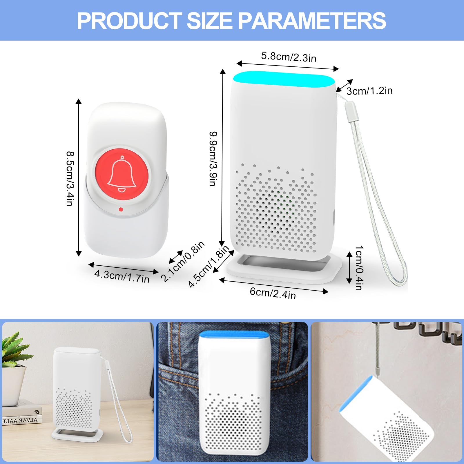 Cuteefun Téléavertisseur sans Fil Système d’Alarme, 5 Modes, 58 Mélodies, Bouton d'appel d'urgence pour Personne âgées Patients, Maison d'alerte Personnelle Rechargeable (1 Récepteur + 2 Émetteurs)