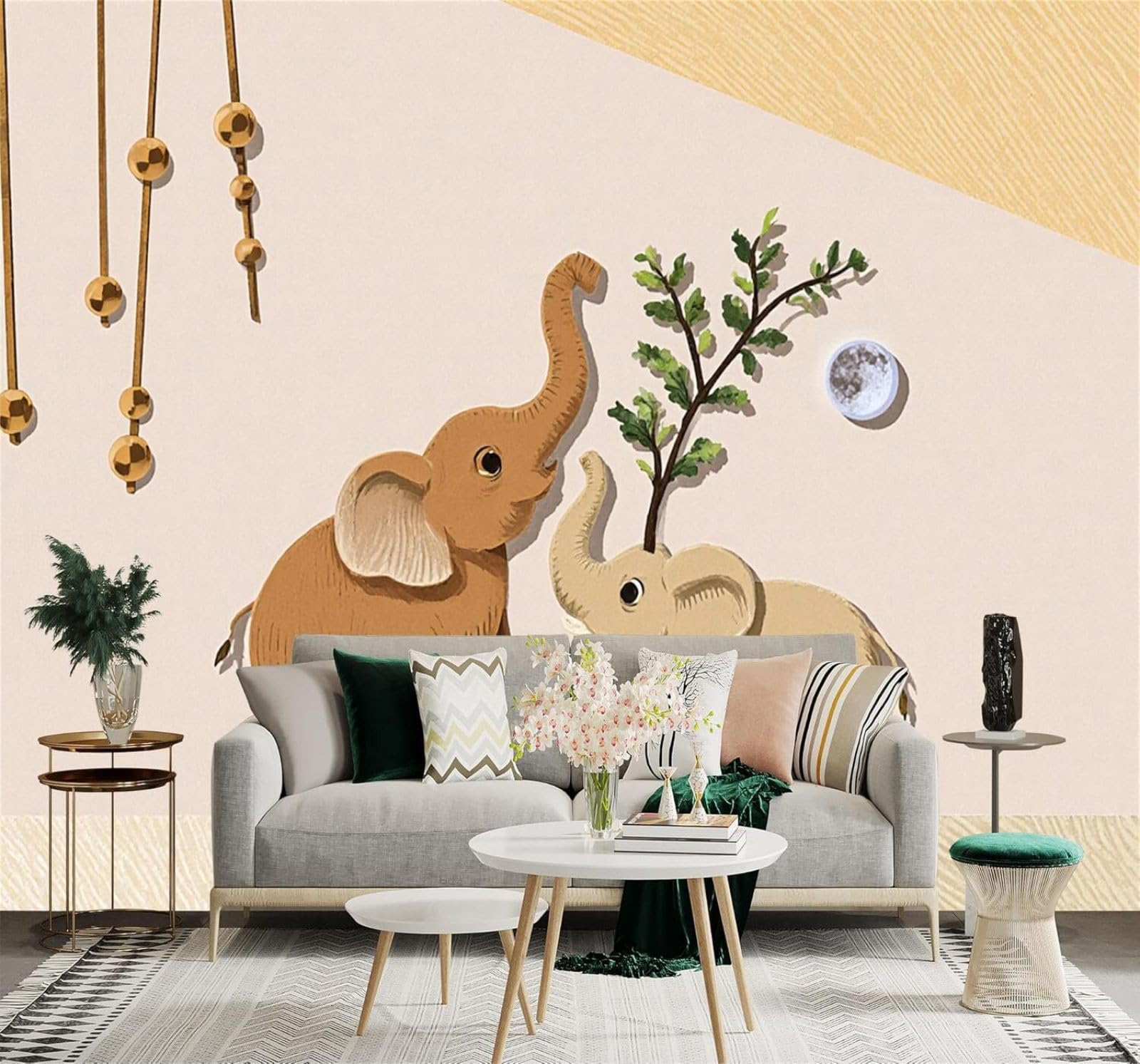 Xlming 150Cm×105Cm(B×H) Moon Tree Branches Cute Elephant Warm Tones Art 3D Wallpaper Silky Texture Home Study Office Grey Dining Room Sofa Bedroom Living Room Tv Backdrop-150Cm×105Cm