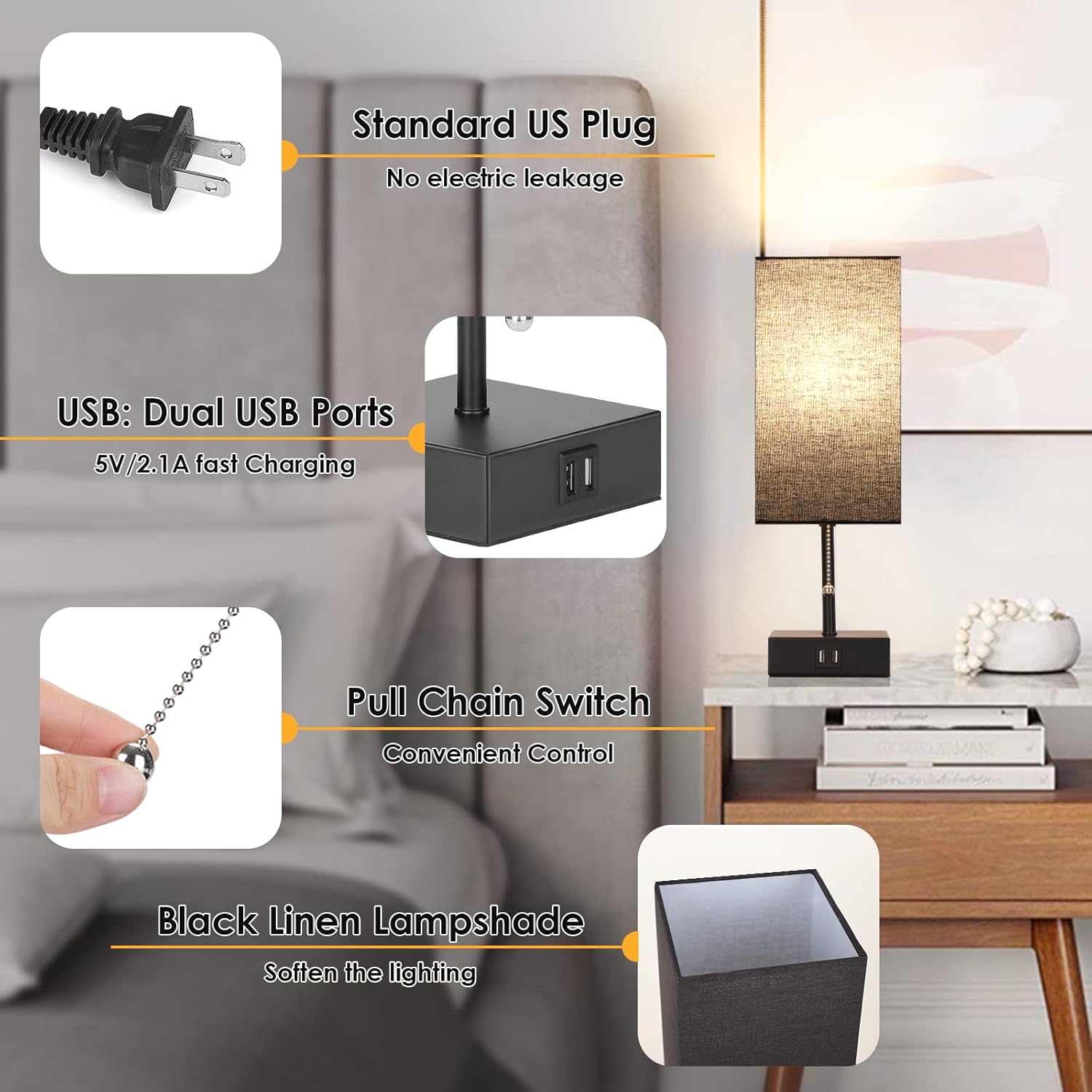 GGOYING USB Bedside Table Lamp, Pull Chain Nightstand Table Lamp with 2700K LED Bulb, Black Fabric Linen Lampshade, USB C+A Charging Ports for Living Room Bedroom Office