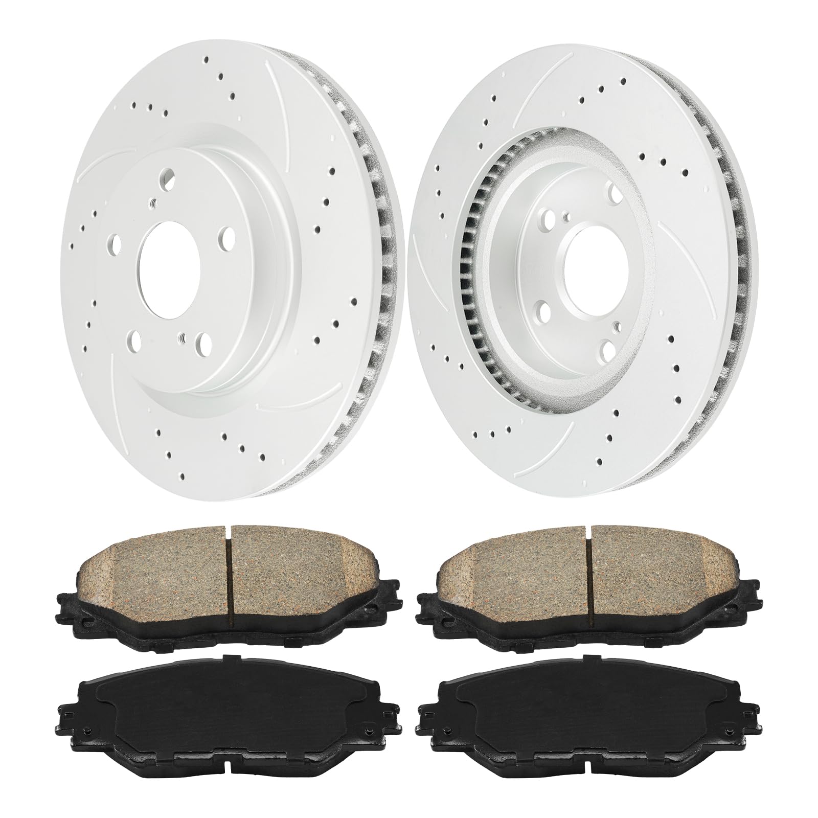 KAX Front Brake Kit, Drilled and Slotted Brake Rotors, Ceramic Brake Pads | Fits RAV4 2006-2018, Matrix 2009-2013, Corolla iM 2017-2018, Mirai 2016-2019, Vibe 2009-2010, tC 2011-2016, iM 2016