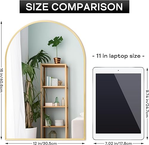 Miniatura 2 de Minuover Espejo arqueado pequeño dorado de 12 x 16 pulgadas para baño, marco de metal cepillado, espejo de decoración de tocador para baño,