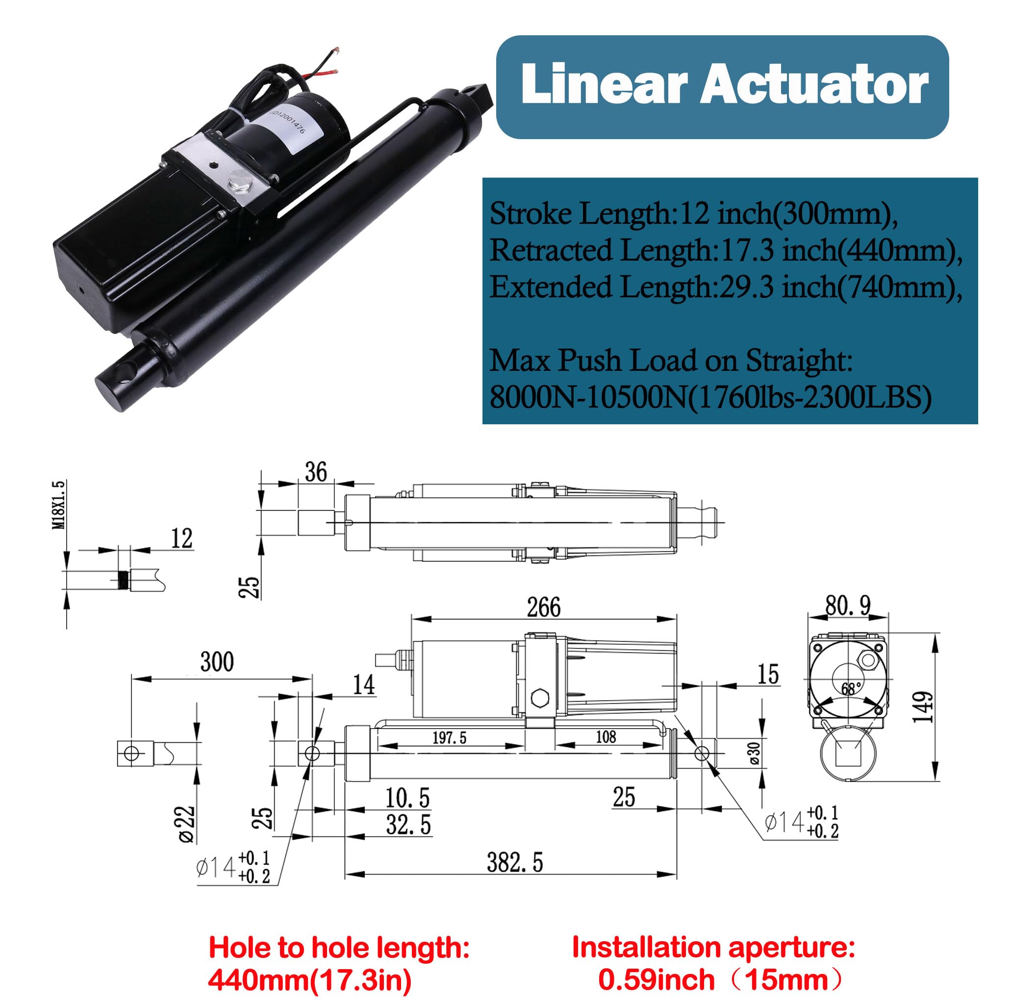 JEENDA Motor hidráulico de 12 pulgadas CC de 12 pulgadas, actuador lineal eléctrico resistente de 1700 libras-2300 libras, compatible con remolques de volquete, mesas de elevación, sistema de