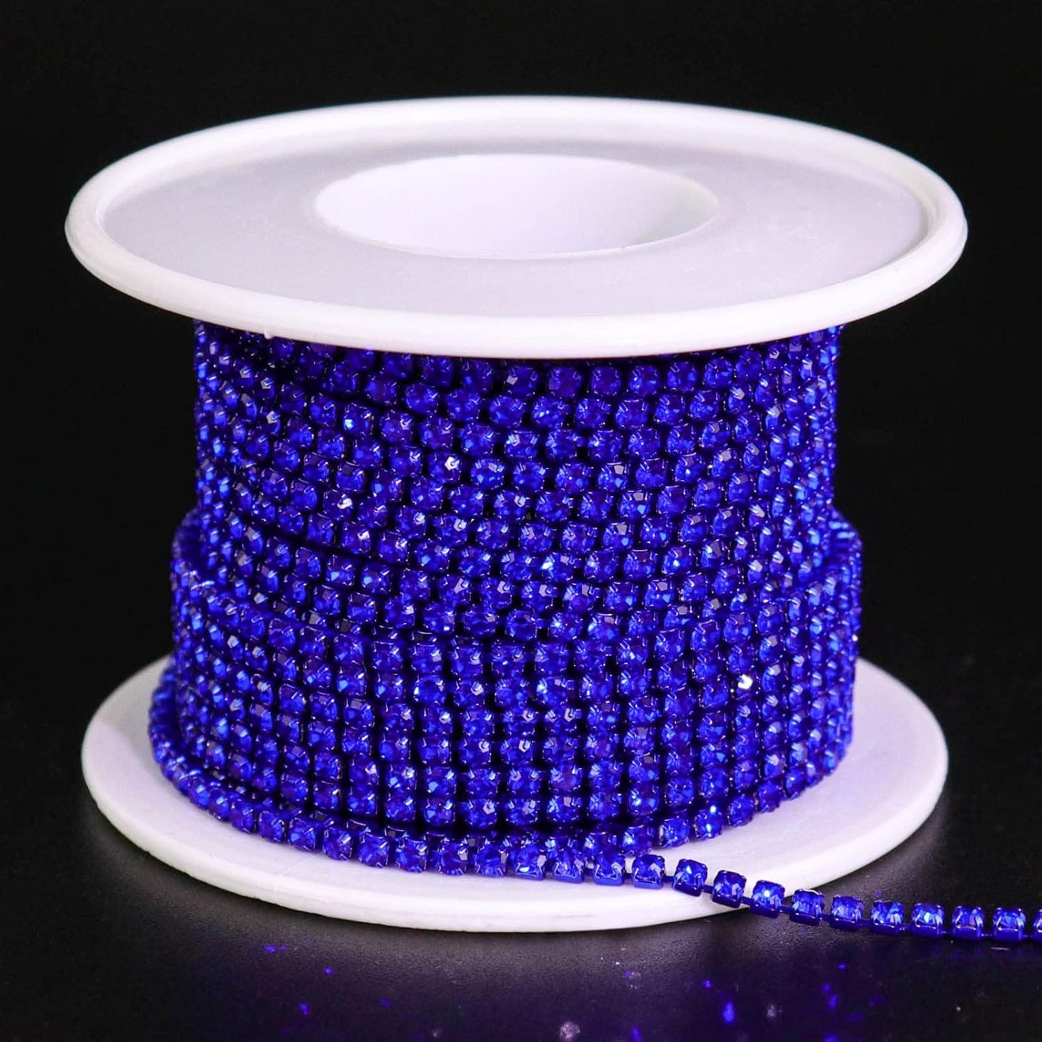 DeLush 1 Roll 10 Yards Rhinestone Chain – 2mm Crystal Close Cup Chain Trim, Sew-On Claw Rhinestones for DIY Crafts, Dresses, Jewelry Making, Decorations (Pack of 1) (Sapphire/Dark Blue)