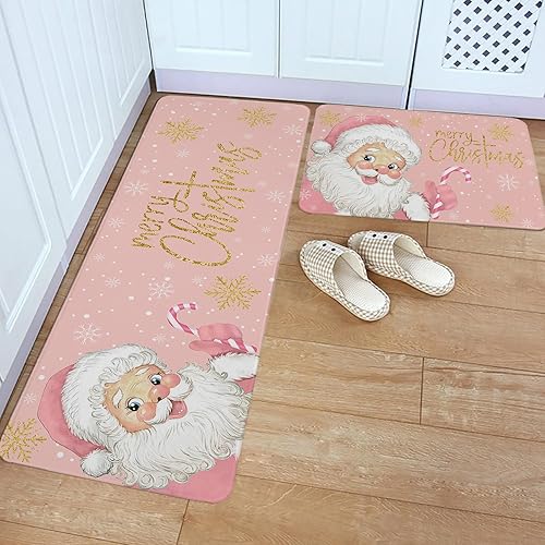 Miniatura 4 de Juego de 2 alfombras y tapetes de cocina de Navidad de Papá Noel, color rosa, dorado, blanco, copo de nieve, tapete de baño antideslizante para