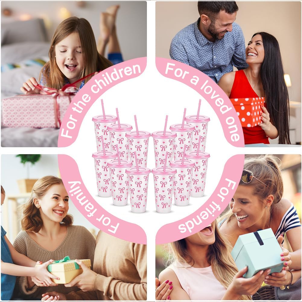 12 Bicchieri con Fiocco Rosa 700ml con Coperchio e Cannuccia – Bicchieri Riutilizzabili per Feste, Addii al Nubilato, Matrimoni, Ufficio