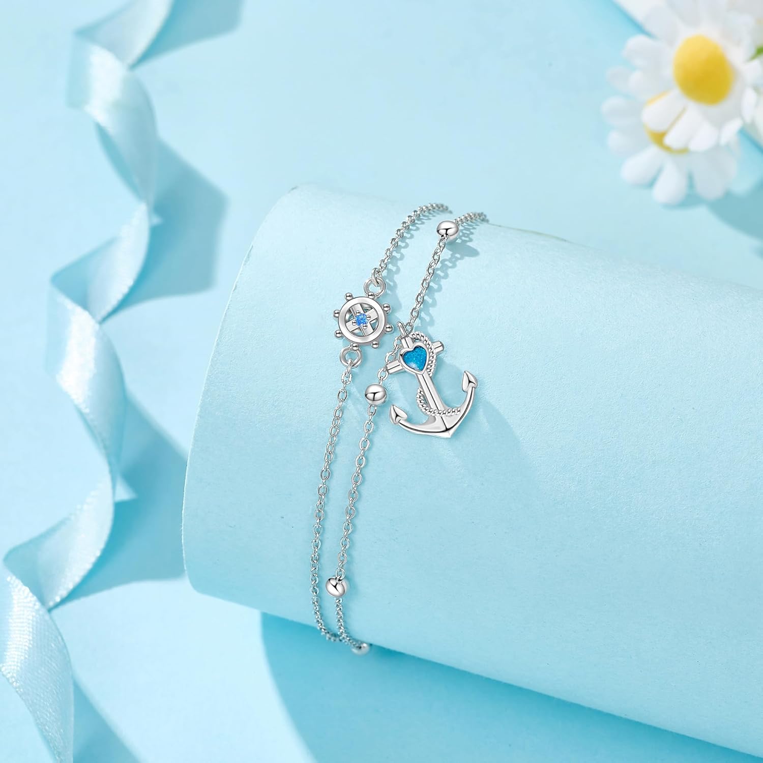 YFN Anchor Anklet 925 Sterling Silver Anchor and Ship Wheel Layered Ankle Bracelet Nautical Sailor Jewelry Gifts for Women - Image 3