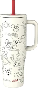 Zak Designs Disney Sutton Travel Tumbler for On the Go, 30oz Stainless Steel with Vacuum Insulation, Silicone Straw, and Carry Handle for Cold Drinks Mickey Mouse Sketch