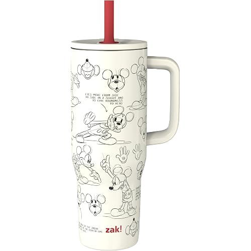 Zak Designs Disney Sutton Travel Tumbler for On the Go, 30oz Stainless Steel with Vacuum Insulation, Silicone Straw, and Carry Handle for Cold Drinks (Mickey Mouse Sketch)
