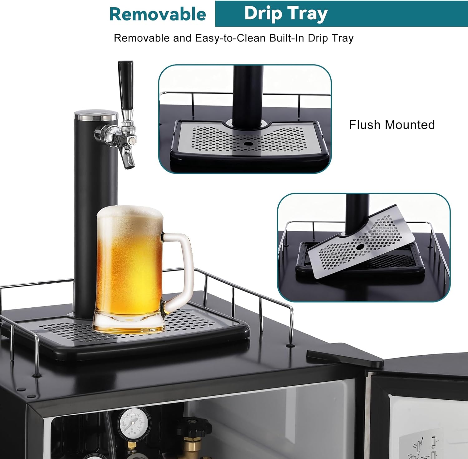 Full Size Stainless Steel Beer Kegerator 128L Draft Beer Dispenser With Drip Tray Fits 1/2, 1/4 Pony & 1/6 Kegs Adjustable Temp 32°F-50°F