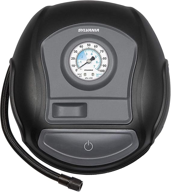 Sylvania Basic Portable Tire Inflator - for Cars Tires, Bikes & More - Functions as a Portable Air Compressor - Analog Dial on Car Tire Inflator - 3 Piece Adapter Set