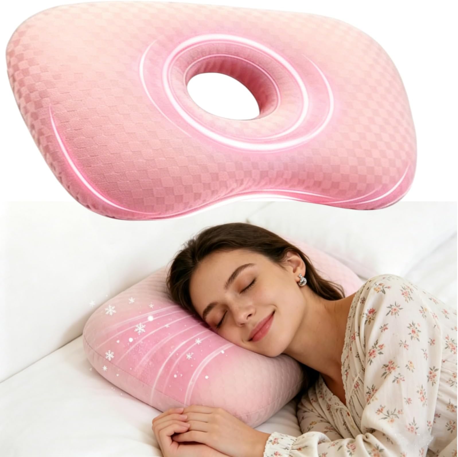 Pink Checkerboard Ear Piercing Pillow with an Ear Hole, Ear Guard Pillow, Washable and Adjustable Polyester Fiber Side Sleeper Pillow, Ideal for CNH and Ear Pain Ear Inflammation Pressure Sores