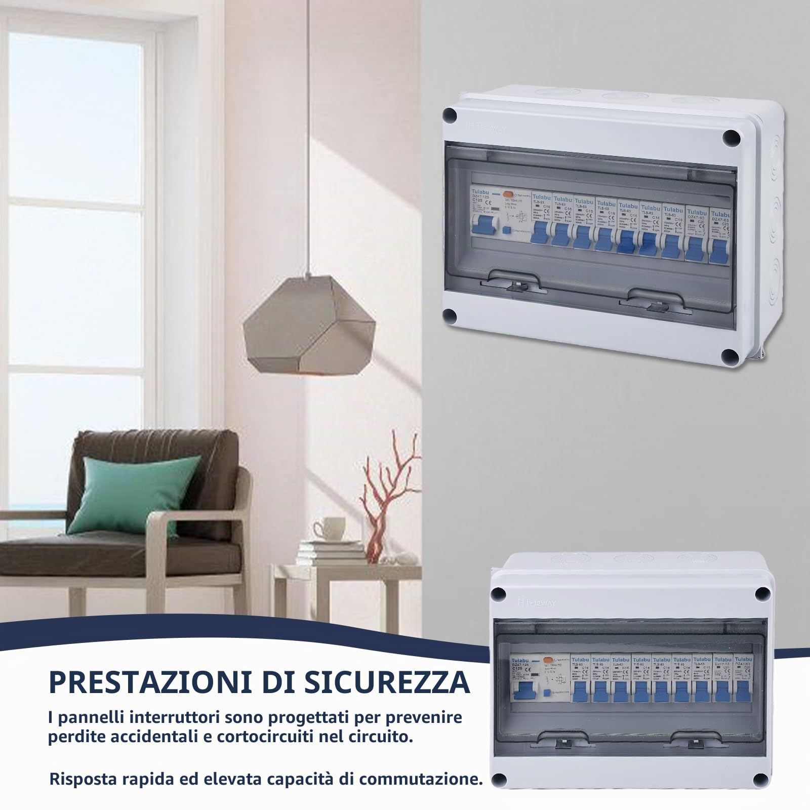 Scatola dei fusibili da parete, distributore di corrente da parete, con interruttore di protezione Fi, IP65, impermeabile, per interni/esterni, interruttore 125 A, interruttore di separazione AC 7 x