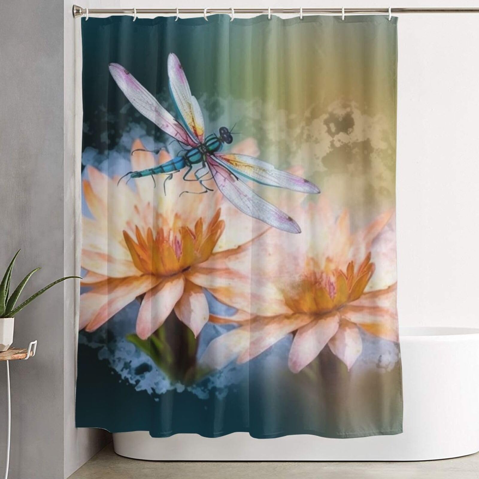 Rideau de douche imperméable avec 12 crochets et motif libellules pour salle de bain
