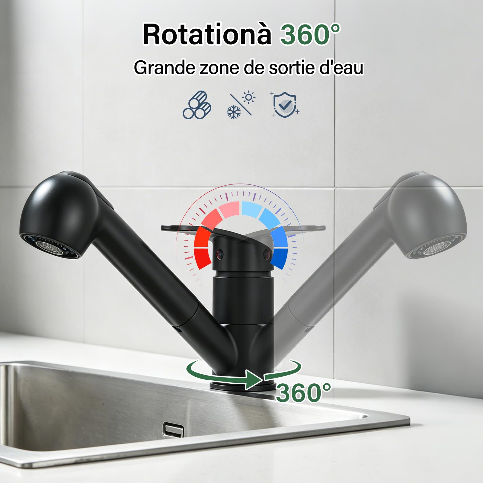 Robinet Cuisine Noir,Mitigeur Cuisine avec Douchette Monocommande,Robinet Pivotant À 360° pour 1 Trou,2 Modes de Pulvérisation
