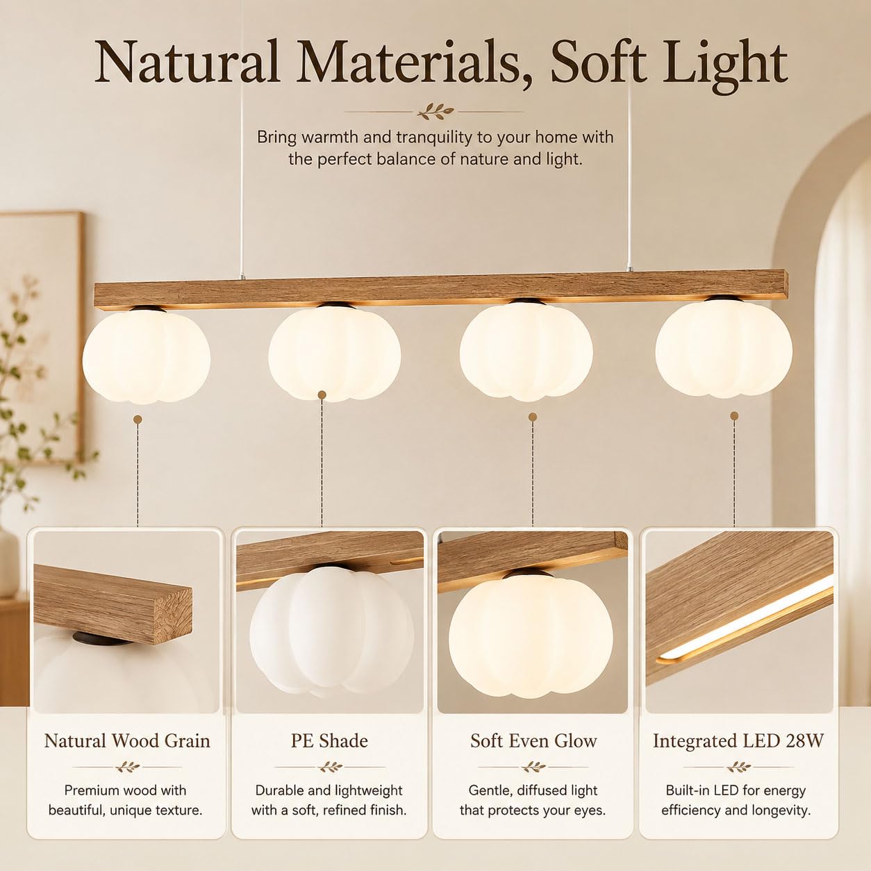 Lampadario Cucina LED in Legno, a Sospensione per Sala da Pranzo