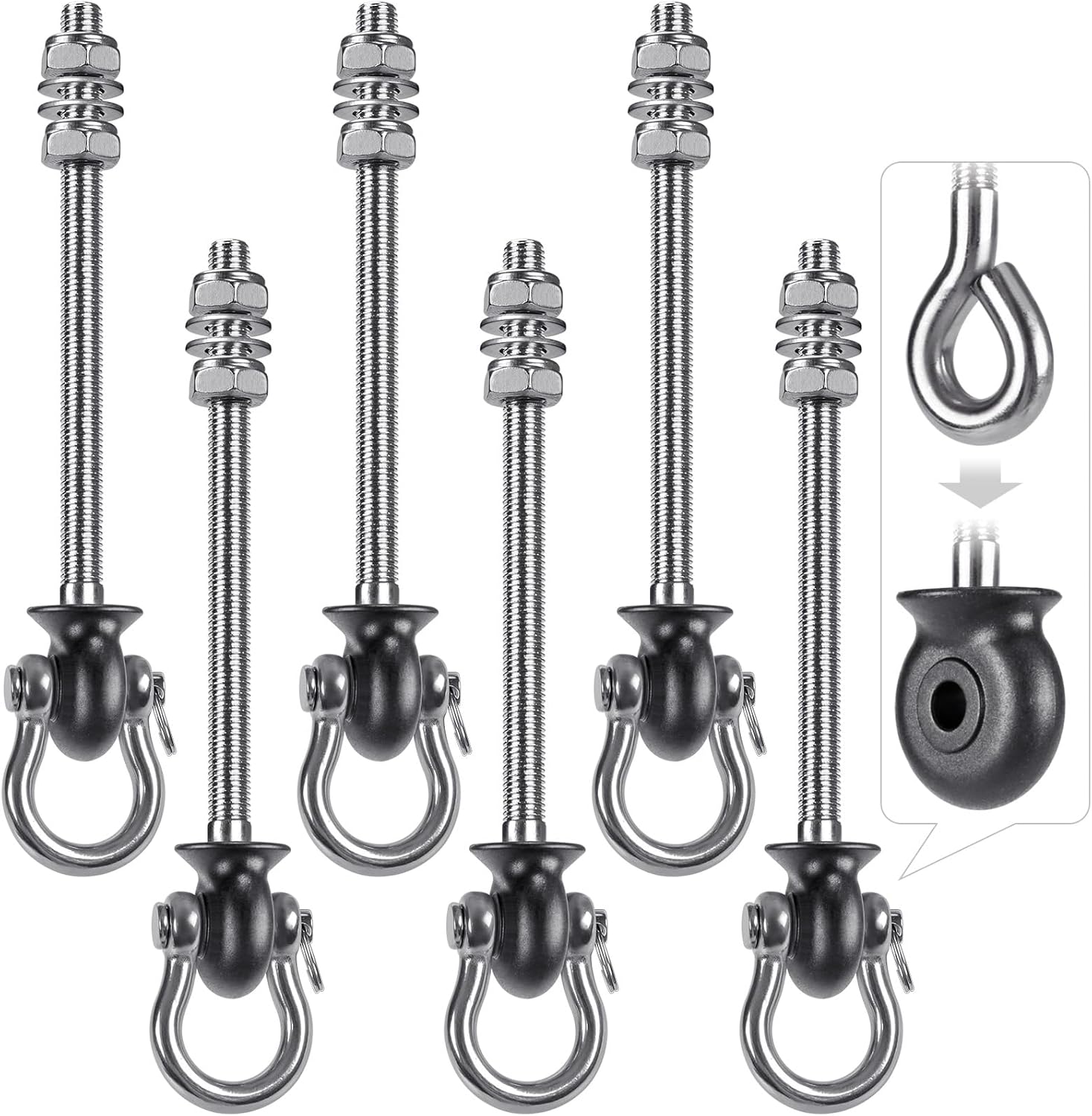 Dolibest Set of 6 Permanent Antirust Stainless Steel 304 Heavy Duty Swing Hangers, Playground Porch Yoga Seat,for Wood and Steel Beam Yoga Hammock Chair Punching 1500LB Capacity,180° Swing,9.64''