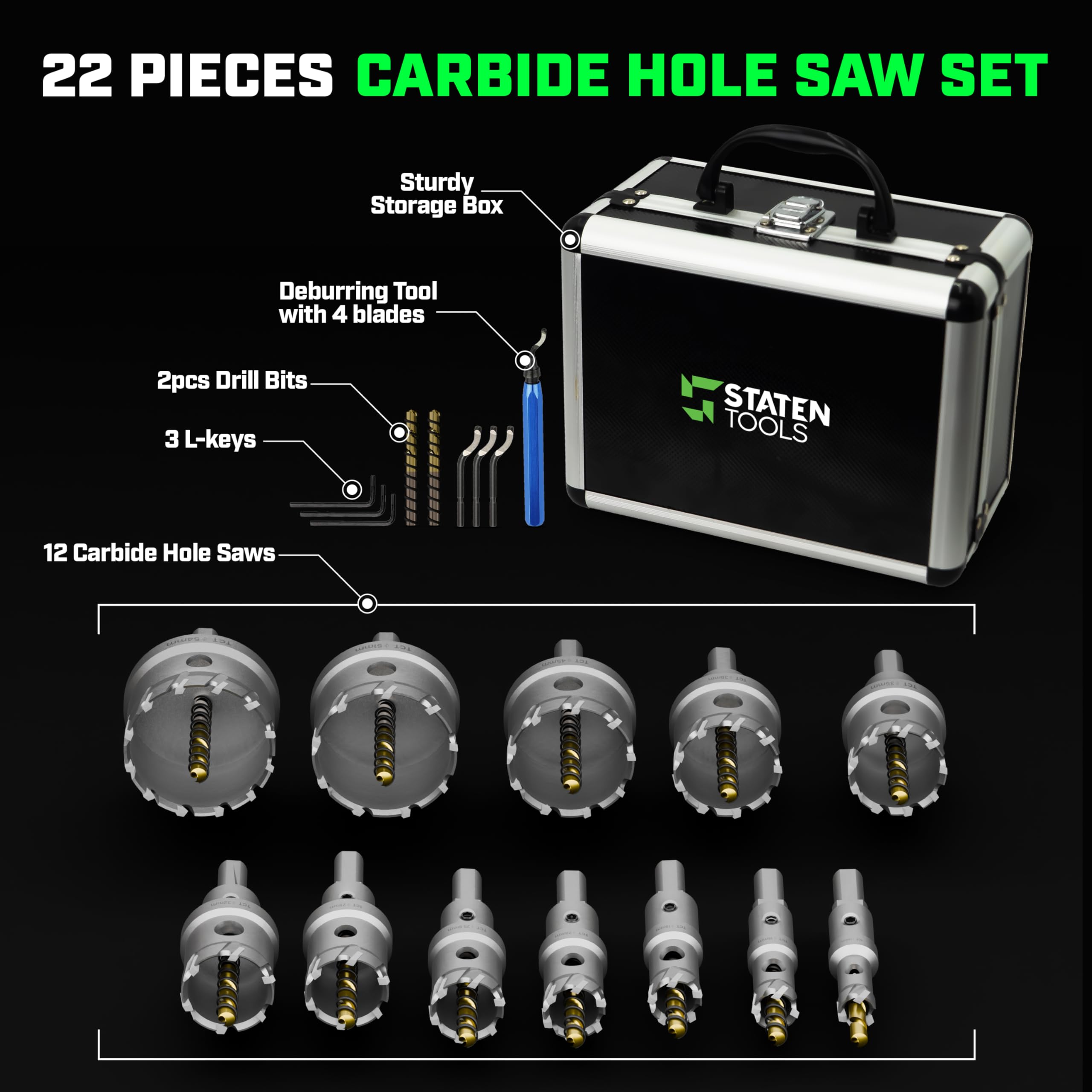 TCT - Kit de sierra perforadora de carburo de 22 piezas, juego de sierra perforadora de carburo de 9/16 a 2-1/8 pulgadas para metal, acero inoxidable, madera, incluye 2 brocas, herramienta de