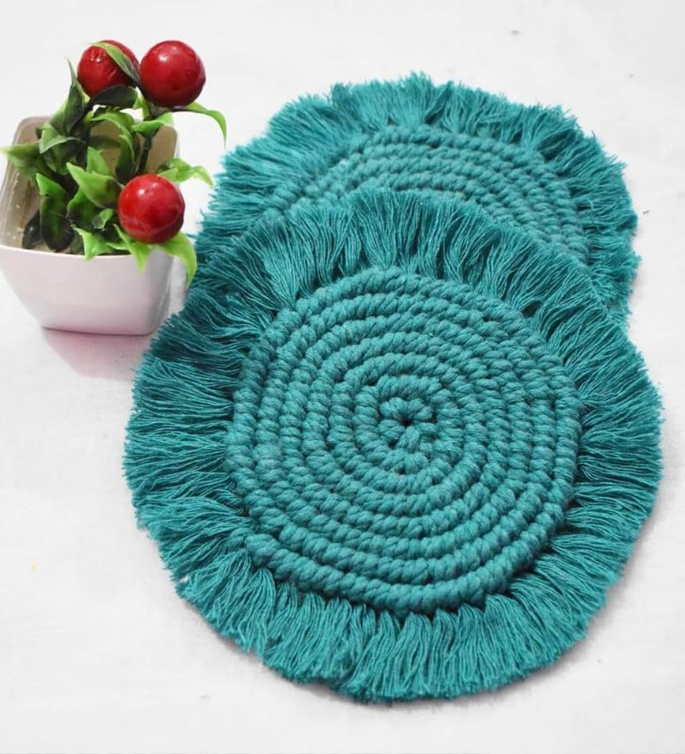 MTRXX Handmade Macrame Coasters Set of 4 – 4-Inch Round Cotton Cup Mats in Green, Boho Fringe Coasters for Coffee, Tea & Home Decor, Woven Table Accessories