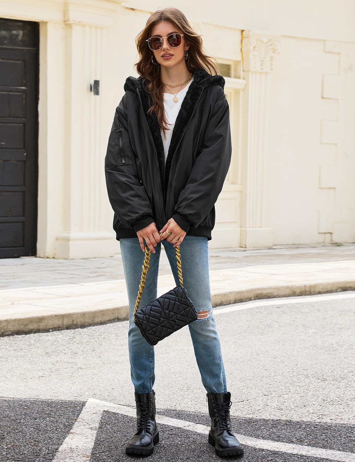 Vancavoo Chaqueta Reversible Mujer de Invierno con Capucha y Pelo Suave | Cazadora Corta con Cremallera, Puños de Canalé y Bolsillos en Ambos Lados para Uso Diario