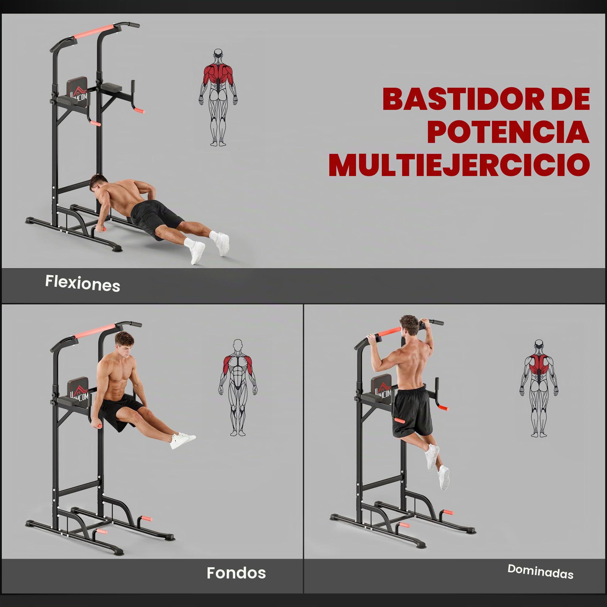 HOMCOM Barra de Dominadas Altura Regulable con 7 Orificios Torre de Ejercicios Estación Multifuncional para Entrenamiento Fitness Casa Gimnasio Oficina Carga 120 kg 123x98x189-239 cm