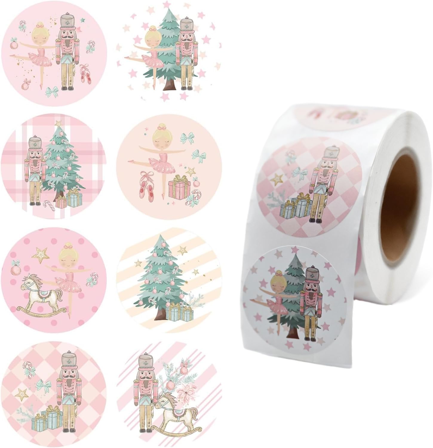 500PCS Christmas Nutcracker Round Stickers, 8 Cute Designs Roll Decals King Soldier Ballerina Girl Xmas Tree Envelope Adhesive Labels for Xmas Winter Party Gift Greeting Card Decor, 1.5 Inch