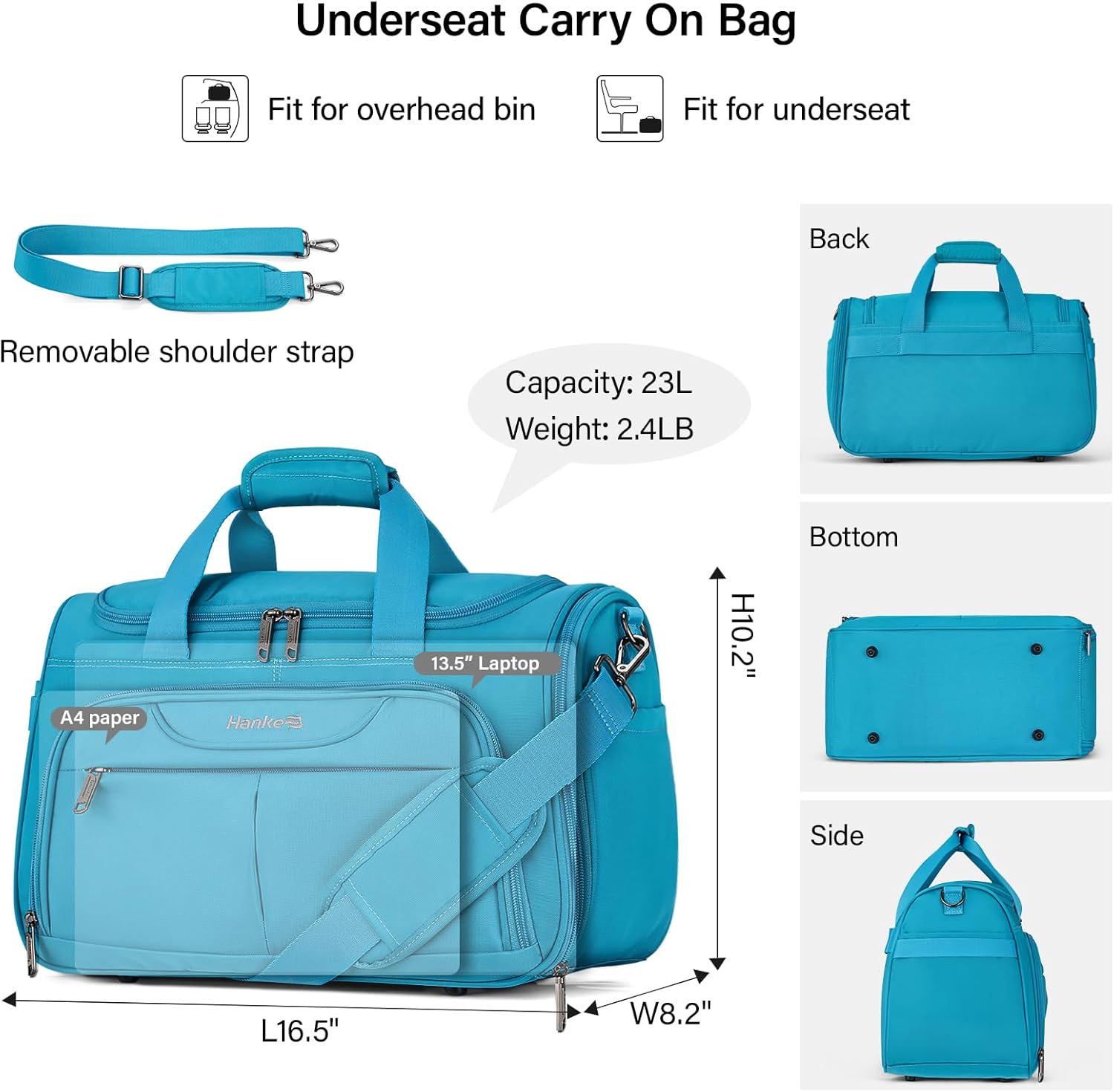 Hanke Foldable Underseat Carry On luggage Bag, Travel Tote Bag for Women & Men, Personal Item Travel Bag Softside Lightweight Luggage Bags for Travel Flight Crew Overnight Weekender.(Caribbean Blue) - Image 2