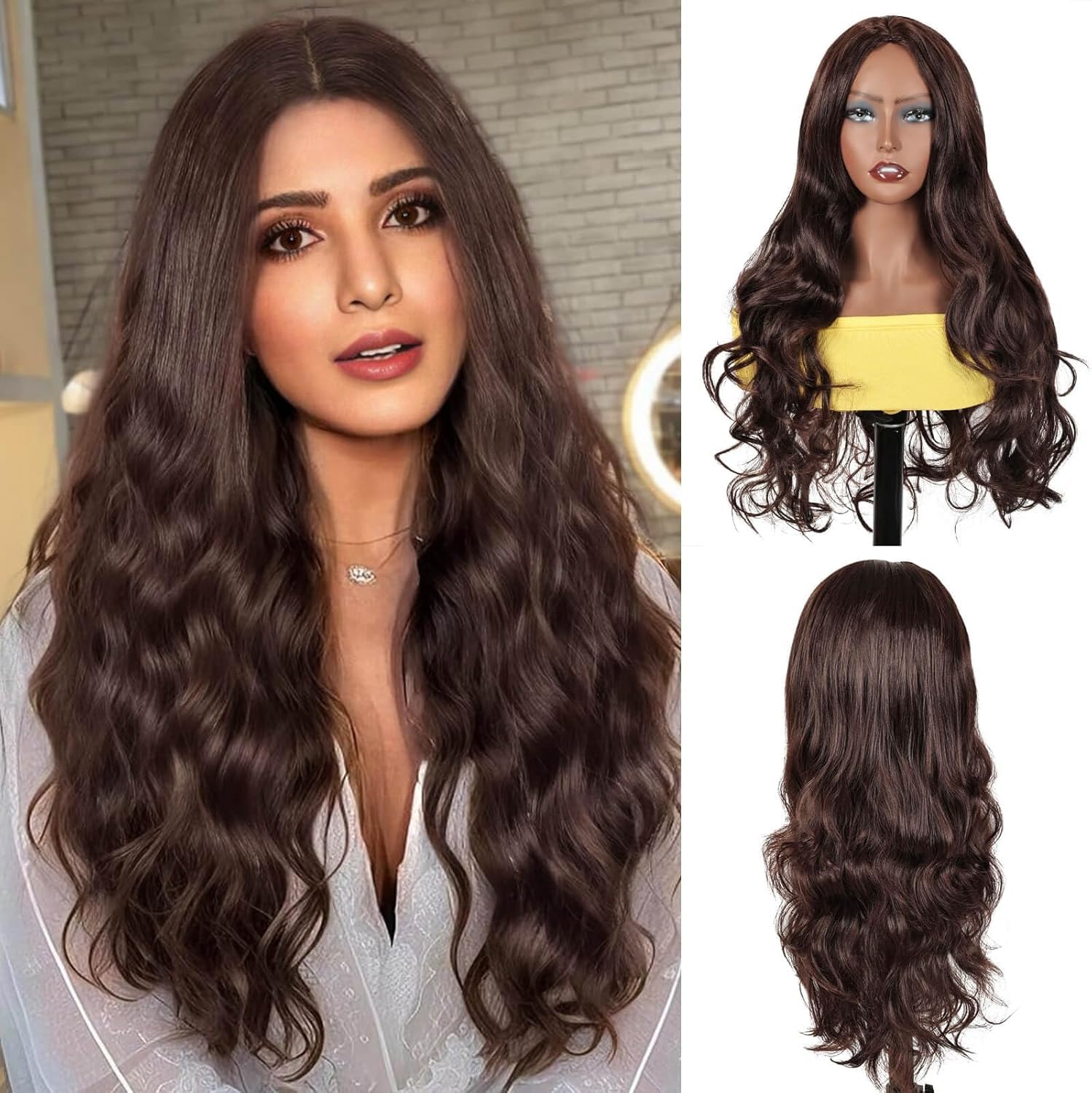 Creamily Full Head Hair Wigs,Brown Long Hair Wigs For Women,Natural Looking Curly Hair Wig With Middle Part Synthetic Wigs For Daily Use Hair Week For Women Ladies Hair Wig 24Inch Brown-image-20