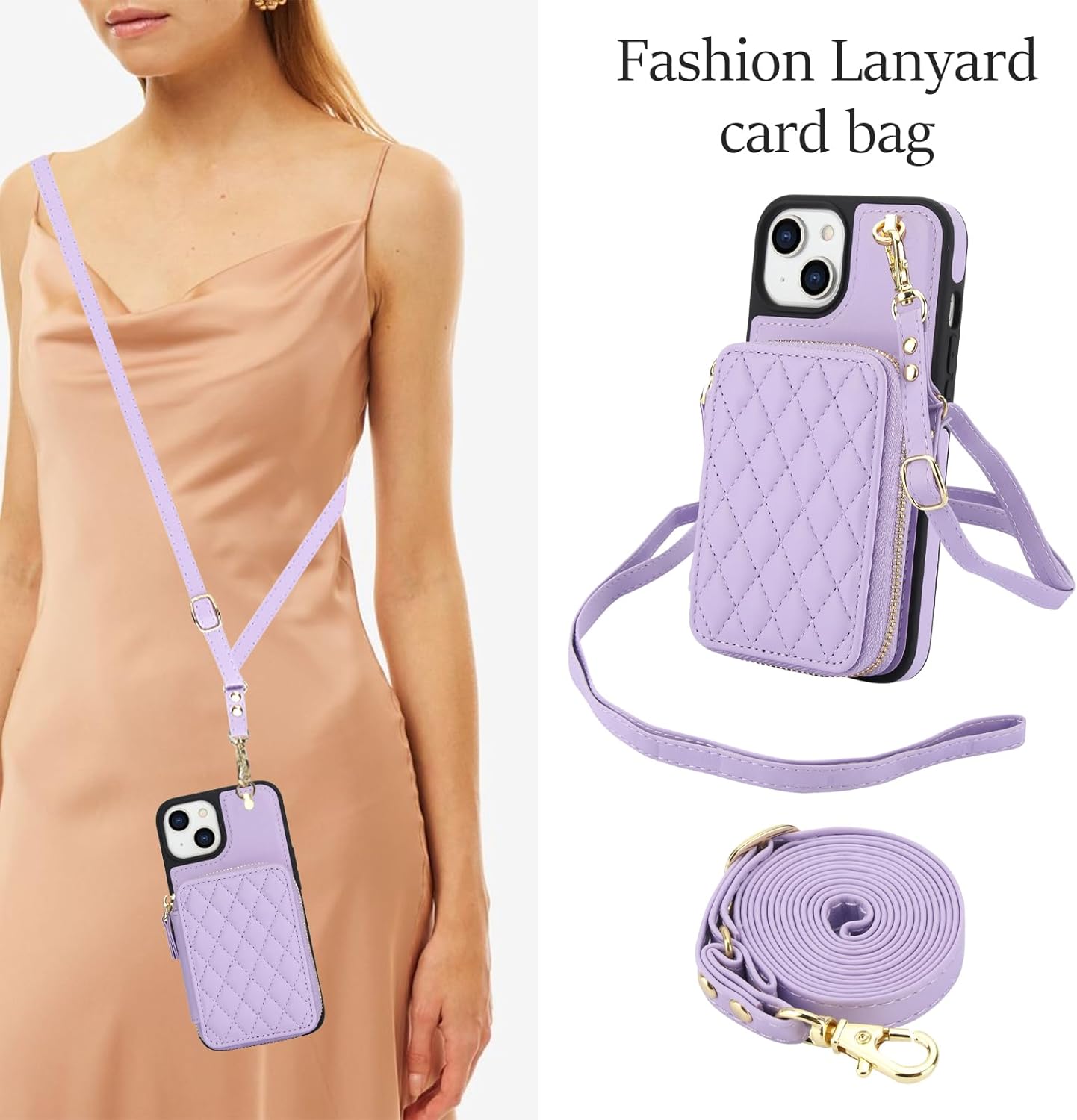 Asuwish Phone Case for iPhone 15 6.1 inch Wallet Cell Cover with Tempered Glass Screen Protector Wrist Crossbody Strap Stand RFID Blocking Credit Card Holder i Phone15 i15 15Case Women Girls Purple