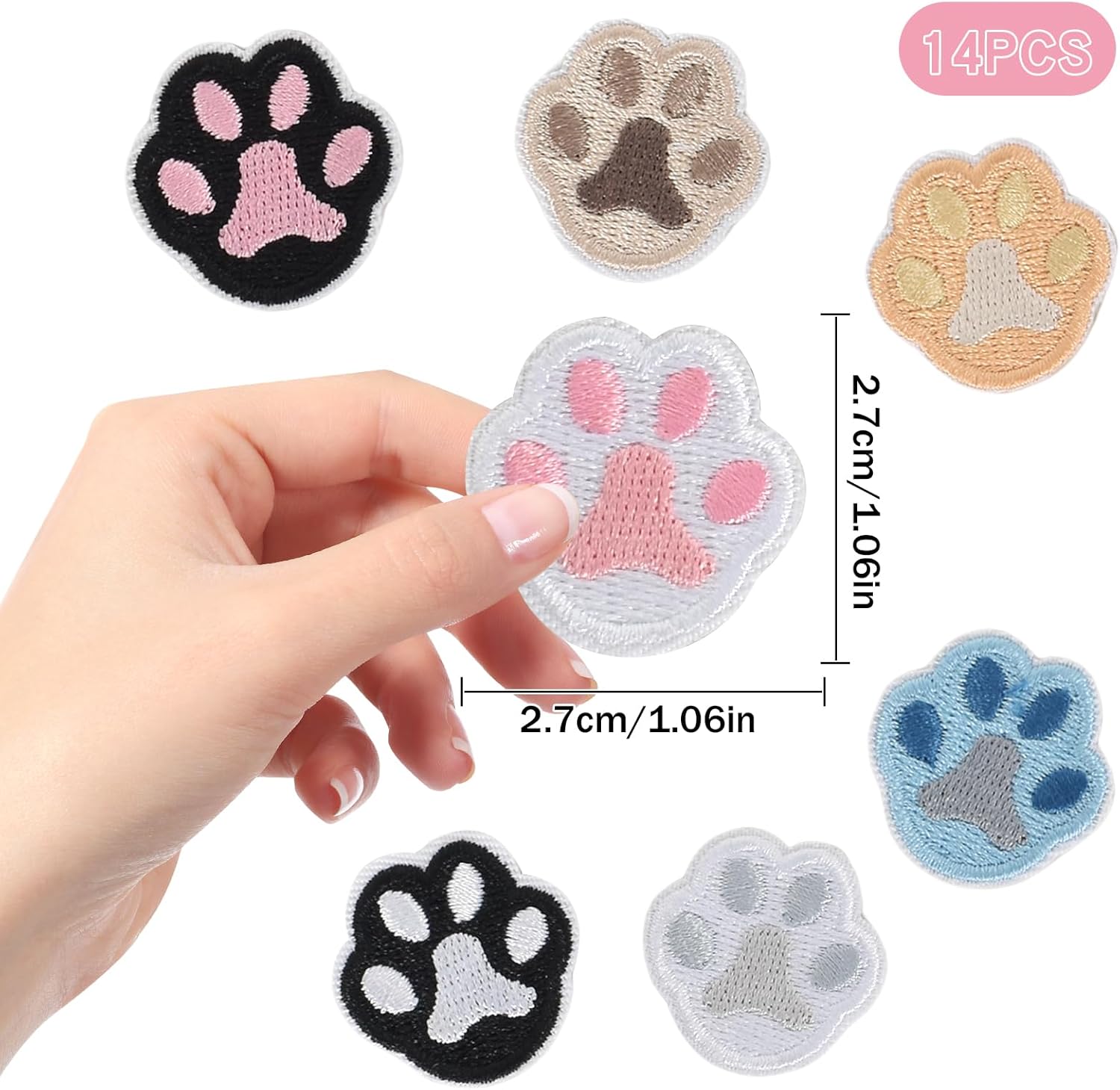 Footprint Patches, Embroidered Cute Paw Print Patches, Paw Applique, Self-Adhesive, Set of 14 Multicolor Polyester Sewing Patches for Clothing Decor and Arts & Crafts Projects, 7 Colors