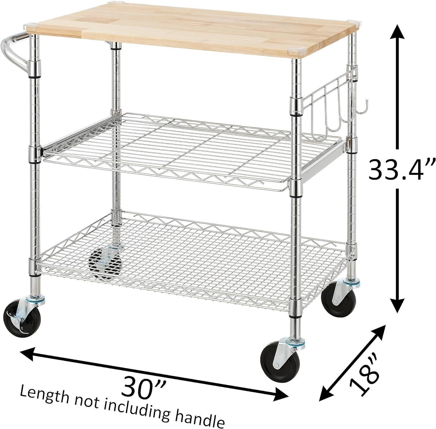 3-Tier Rolling Kitchen Cart - 18" D x 30" W - Oak Wood Top Kitchen Island with Storage and Wheels - Versatile Kitchen Organizer