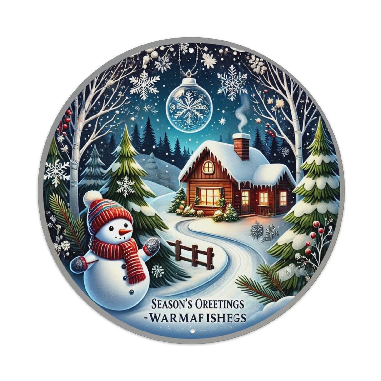 Snowman Cabin Trees Snowflake Night Vintage Round Tin Sign Retro Metal Wall Decor Metal Poster, Home Bar Garage Cafe Wall Art Decoration 8x8Inches