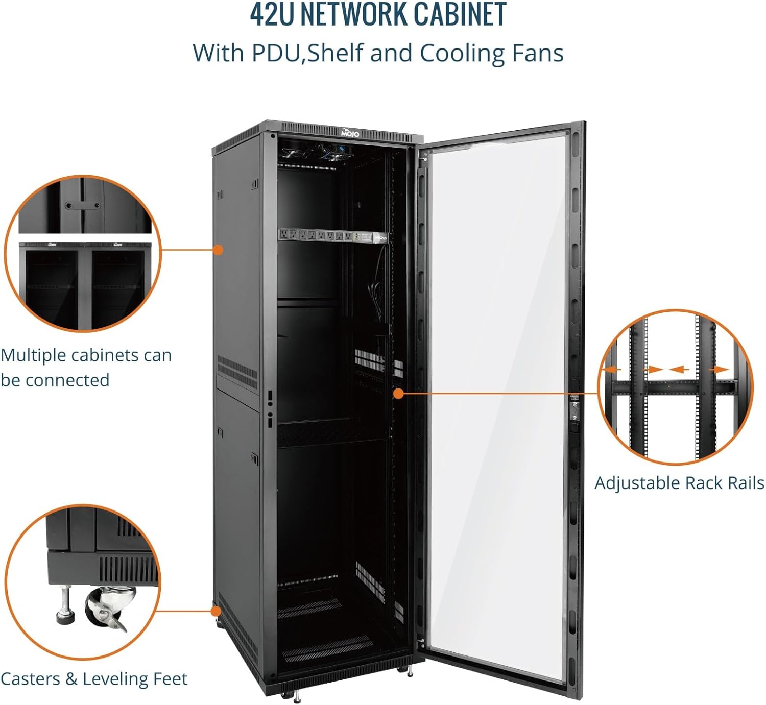Nærbillede view of the casters and leveling feet on the base of the server rack.