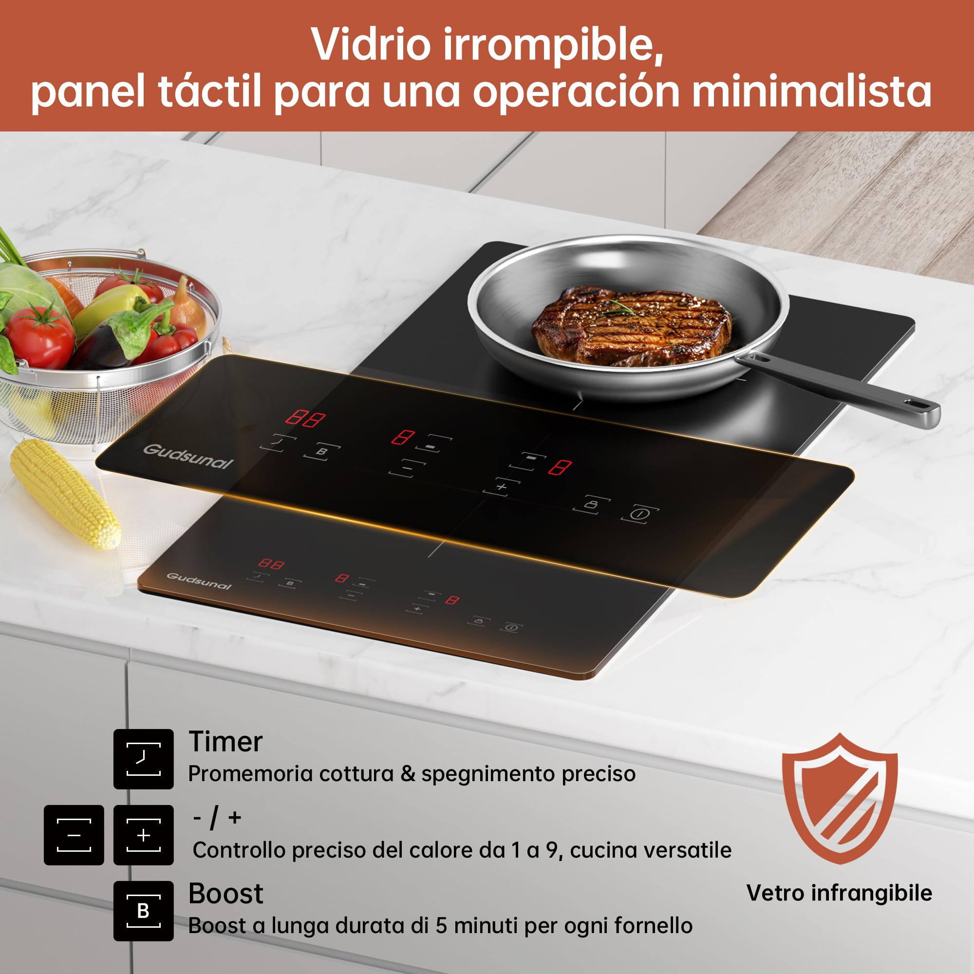 Piano Cottura a Induzione, 2 Fuochi, 3600 W, Riscaldamento Continuo a Bassa Potenza, Booster, 9 Livelli di Riscaldamento, Timer, Blocco di Sicurezza per Bambini, Sensore per Pentole
