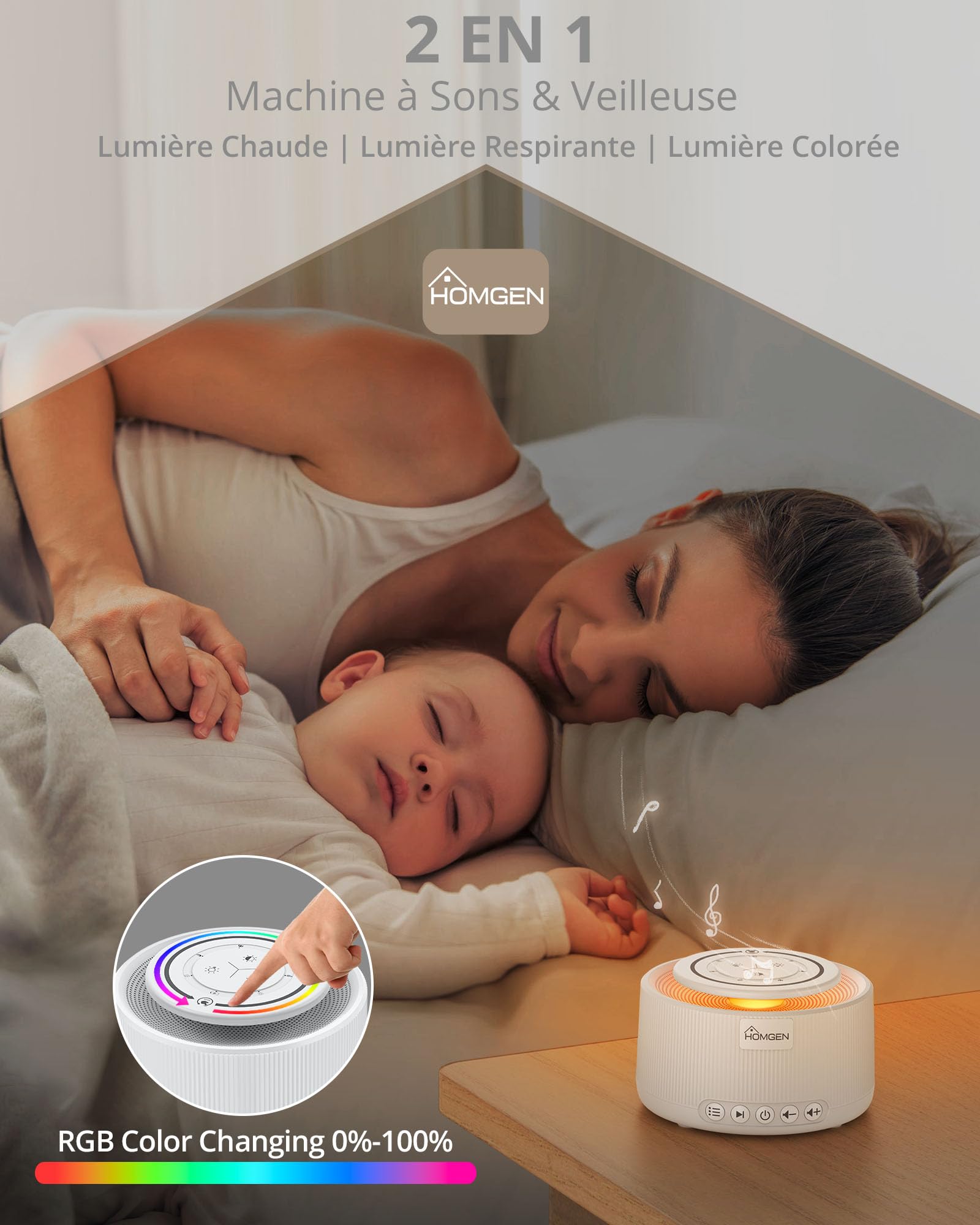 HOMGEN Machine à Bruit Blanc, 30 Sons Apaisants, 30 Niveaux de Volume, Fonction Mémoire, Machine à Bruit Alimentée par Piles, Machine à Bruit pour le Sommeil des Adultes et Bébés (Blanc)