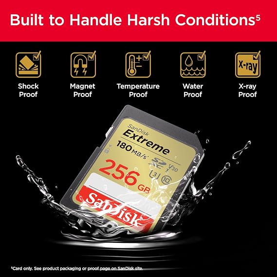 SanDisk 256GB Extreme SDXC card, SD card up to 180MB/s, V30 Memory card, UHS-I, Class, 10, U3, V30, RescuePro Deluxe data recovery software.