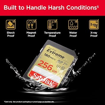 SanDisk 256GB Extreme SDXC card, SD card up to 180MB/s, V30 Memory card, UHS-I, Class, 10, U3, V30, RescuePro Deluxe data recovery software.