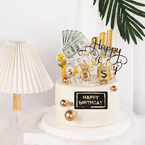 Miniatura 6 de Juego de 10 decoraciones para tartas de feliz cumpleaños, letrero de billete de dólar, decoración temática de dinero para fiesta de cumpleaños,